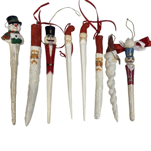 Vintage Christmas Icicle Ornament Santa Snowman Soldier Hanging Lot Of 8 - Picture 1 of 6